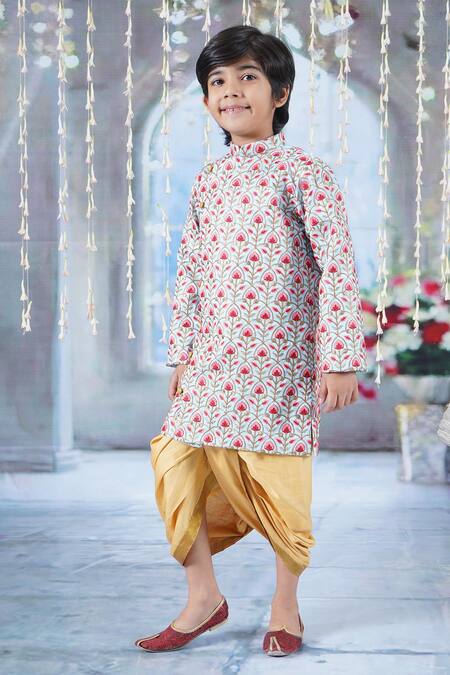 Shop Little Bansi Sky Blue , Satin, Silk Bageecha Angrakha Sherwani With Dhoti Pant Online at Aza Fashions Shop_Little Bansi_Sky Blue , Satin, Silk Bageecha Angrakha Sherwani With Dhoti Pant _Online_at_Aza_Fashions