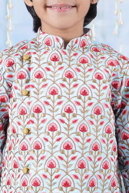 Buy Little Bansi Sky Blue , Satin, Silk Bageecha Angrakha Sherwani With Dhoti Pant Buy_Little Bansi_Sky Blue , Satin, Silk Bageecha Angrakha Sherwani With Dhoti Pant