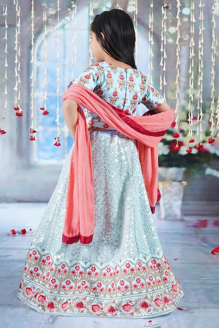 Shop Little Bansi Sky Blue Silk, Viscose Embroidery, Mirrors, Sequins Bageecha Floral Lehenga Set at Aza Fashions Shop_Little Bansi_Sky Blue Silk, Viscose Embroidery, Mirrors, Sequins Bageecha Floral Lehenga Set _at_Aza_Fashions