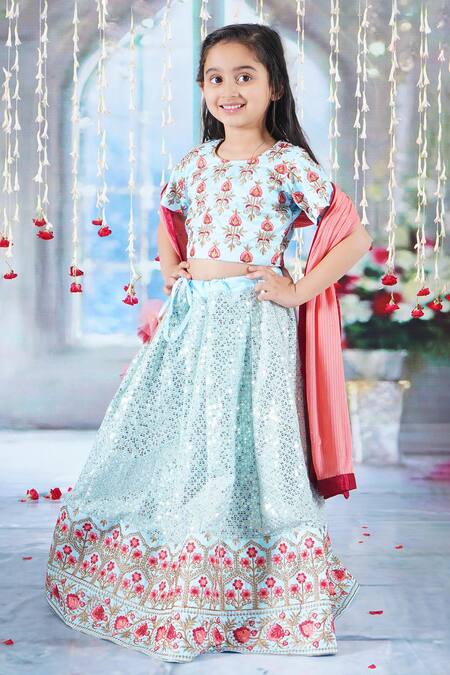Little Bansi Sky Blue Silk, Viscose Embroidery, Mirrors, Sequins Bageecha Floral Lehenga Set Online at Aza Fashions Little Bansi_Sky Blue Silk, Viscose Embroidery, Mirrors, Sequins Bageecha Floral Lehenga Set _Online_at_Aza_Fashions