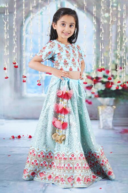 Buy Little Bansi Sky Blue Silk, Viscose Embroidery, Mirrors, Sequins Bageecha Floral Lehenga Set Online at Aza Fashions Buy_Little Bansi_Sky Blue Silk, Viscose Embroidery, Mirrors, Sequins Bageecha Floral Lehenga Set _Online_at_Aza_Fashions