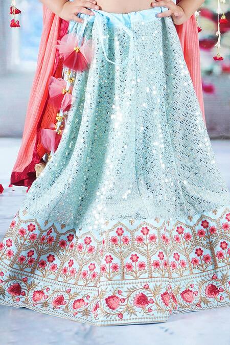 Shop Little Bansi Sky Blue Silk, Viscose Embroidery, Mirrors, Sequins Bageecha Floral Lehenga Set Online at Aza Fashions Shop_Little Bansi_Sky Blue Silk, Viscose Embroidery, Mirrors, Sequins Bageecha Floral Lehenga Set _Online_at_Aza_Fashions