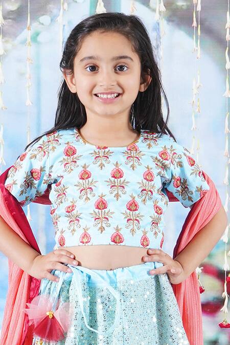 Little Bansi Sky Blue Silk, Viscose Embroidery, Mirrors, Sequins Bageecha Floral Lehenga Set at Aza Fashions Little Bansi_Sky Blue Silk, Viscose Embroidery, Mirrors, Sequins Bageecha Floral Lehenga Set _at_Aza_Fashions