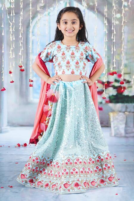 Shop Little Bansi Sky Blue Silk, Viscose Embroidery, Mirrors, Sequins Bageecha Floral Lehenga Set Shop_Little Bansi_Sky Blue Silk, Viscose Embroidery, Mirrors, Sequins Bageecha Floral Lehenga Set