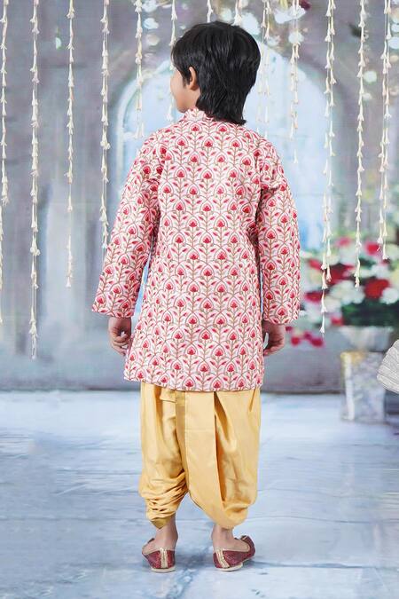 Shop Little Bansi Pink Cotton, Silk Embroidery Floral Angrakha Sherwani With Dhoti Pant at Aza Fashions Shop_Little Bansi_Pink Cotton, Silk Embroidery Floral Angrakha Sherwani With Dhoti Pant _at_Aza_Fashions
