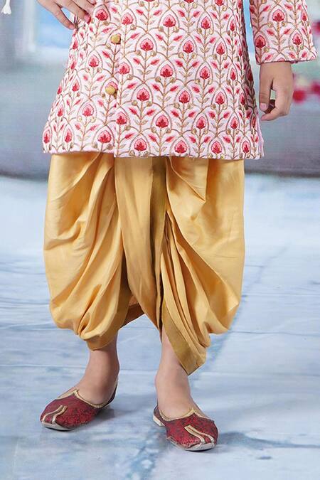 Little Bansi Pink Cotton, Silk Embroidery Floral Angrakha Sherwani With Dhoti Pant Online at Aza Fashions Little Bansi_Pink Cotton, Silk Embroidery Floral Angrakha Sherwani With Dhoti Pant _Online_at_Aza_Fashions