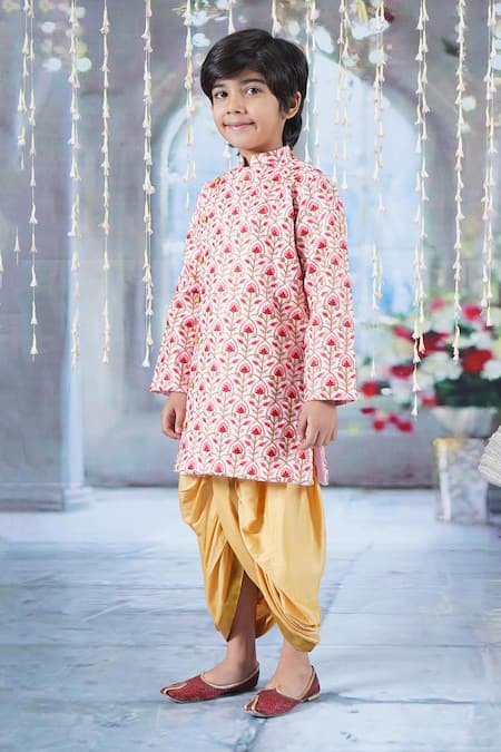 Shop Little Bansi Pink Cotton, Silk Embroidery Floral Angrakha Sherwani With Dhoti Pant Online at Aza Fashions Shop_Little Bansi_Pink Cotton, Silk Embroidery Floral Angrakha Sherwani With Dhoti Pant _Online_at_Aza_Fashions
