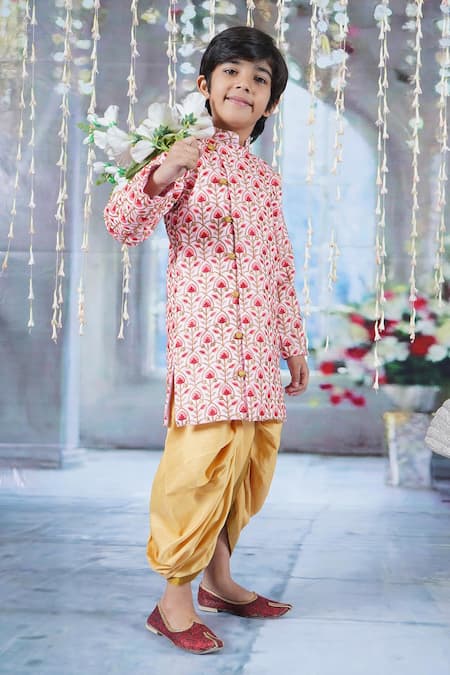 Little Bansi Pink Cotton, Silk Embroidery Floral Angrakha Sherwani With Dhoti Pant at Aza Fashions Little Bansi_Pink Cotton, Silk Embroidery Floral Angrakha Sherwani With Dhoti Pant _at_Aza_Fashions