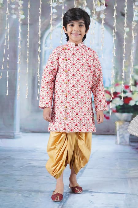 Buy Little Bansi Pink Cotton, Silk Embroidery Floral Angrakha Sherwani With Dhoti Pant Buy_Little Bansi_Pink Cotton, Silk Embroidery Floral Angrakha Sherwani With Dhoti Pant