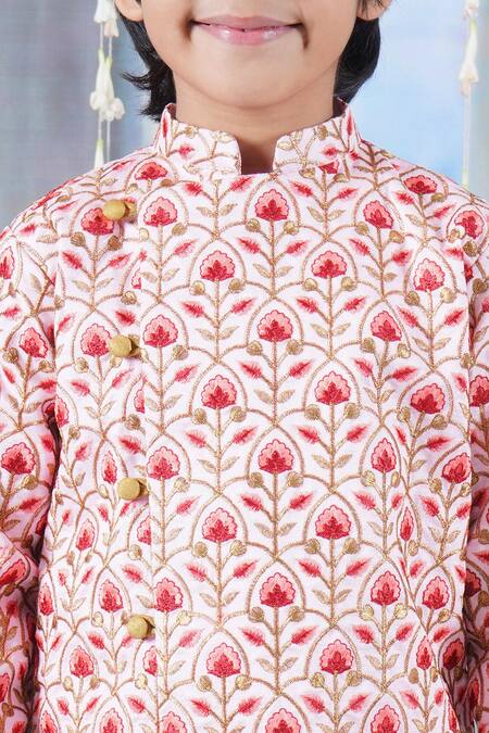 Shop Little Bansi Pink Cotton, Silk Embroidery Floral Angrakha Sherwani With Dhoti Pant Shop_Little Bansi_Pink Cotton, Silk Embroidery Floral Angrakha Sherwani With Dhoti Pant