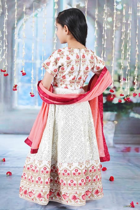 Shop Little Bansi Cream Viscose, Silk Mirrors, Sequins, Bageecha Floral Kali Lehenga Set at Aza Fashions Shop_Little Bansi_Cream Viscose, Silk Mirrors, Sequins, Bageecha Floral Kali Lehenga Set _at_Aza_Fashions