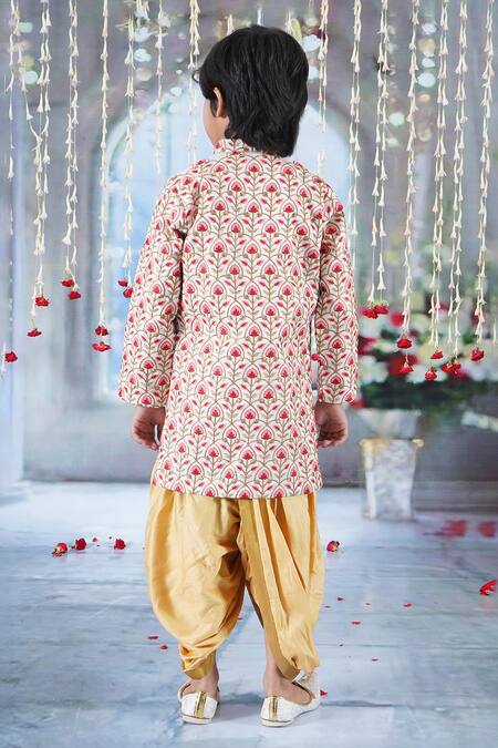 Shop Little Bansi Cream Cotton, Silk Floral Thread Work Angrakha Sherwani With Dhoti Pant at Aza Fashions Shop_Little Bansi_Cream Cotton, Silk Floral Thread Work Angrakha Sherwani With Dhoti Pant _at_Aza_Fashions