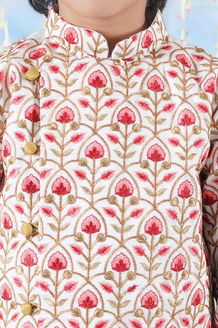 Little Bansi Cream Cotton, Silk Floral Thread Work Angrakha Sherwani With Dhoti Pant Online at Aza Fashions Little Bansi_Cream Cotton, Silk Floral Thread Work Angrakha Sherwani With Dhoti Pant _Online_at_Aza_Fashions