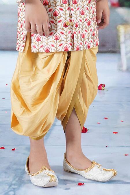Buy Little Bansi Cream Cotton, Silk Floral Thread Work Angrakha Sherwani With Dhoti Pant Online at Aza Fashions Buy_Little Bansi_Cream Cotton, Silk Floral Thread Work Angrakha Sherwani With Dhoti Pant _Online_at_Aza_Fashions