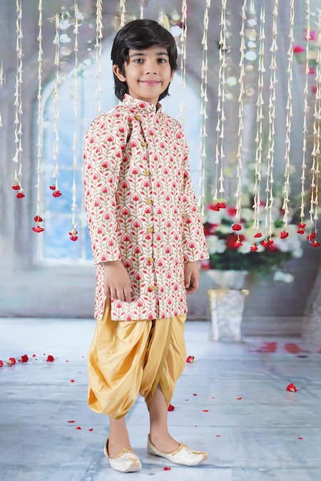 Shop Little Bansi Cream Cotton, Silk Floral Thread Work Angrakha Sherwani With Dhoti Pant Online at Aza Fashions Shop_Little Bansi_Cream Cotton, Silk Floral Thread Work Angrakha Sherwani With Dhoti Pant _Online_at_Aza_Fashions