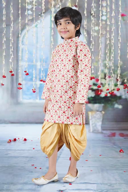 Little Bansi Cream Cotton, Silk Floral Thread Work Angrakha Sherwani With Dhoti Pant at Aza Fashions Little Bansi_Cream Cotton, Silk Floral Thread Work Angrakha Sherwani With Dhoti Pant _at_Aza_Fashions