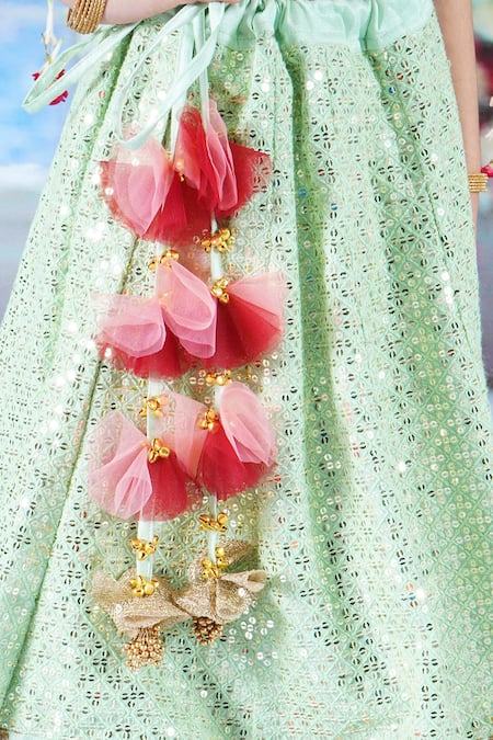 Little Bansi_Green Viscose, Silk Mirrors, Tassels, Bageecha Floral Thread Work Lehenga Set _Online_at_Aza_Fashions