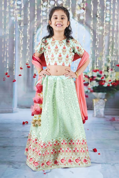 Buy_Little Bansi_Green Viscose, Silk Mirrors, Tassels, Bageecha Floral Thread Work Lehenga Set _Online_at_Aza_Fashions