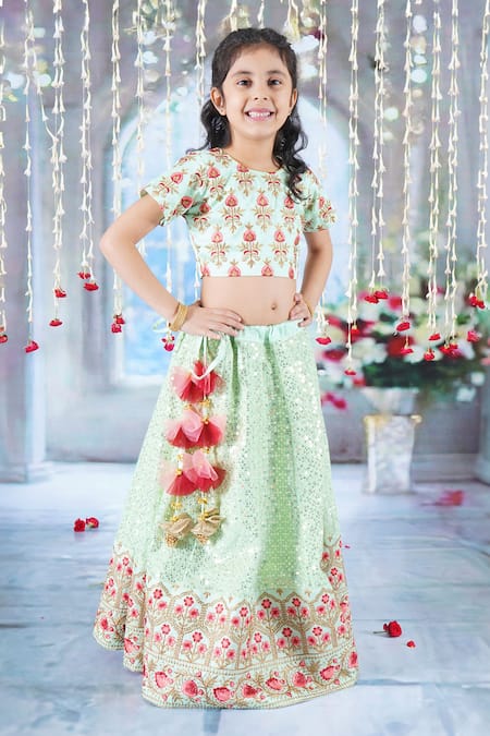 Shop_Little Bansi_Green Viscose, Silk Mirrors, Tassels, Bageecha Floral Thread Work Lehenga Set _Online_at_Aza_Fashions
