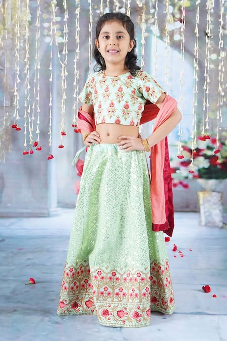 Little Bansi_Green Viscose, Silk Mirrors, Tassels, Bageecha Floral Thread Work Lehenga Set _at_Aza_Fashions