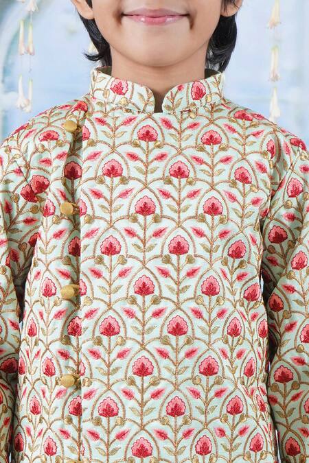 Shop Little Bansi Green , Bageecha Thread Work Angrakha Sherwani With Dhoti Pant Online at Aza Fashions Shop_Little Bansi_Green , Bageecha Thread Work Angrakha Sherwani With Dhoti Pant _Online_at_Aza_Fashions