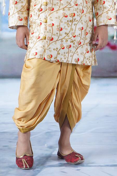 Little Bansi_Cream Silk, Cotton Tulip Thread Work Angrakha Sherwani With Dhoti Pant _Online_at_Aza_Fashions
