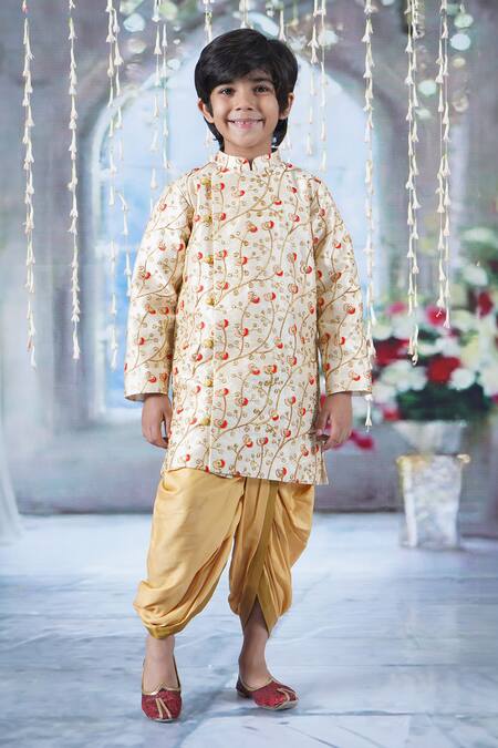 Buy_Little Bansi_Cream Silk, Cotton Tulip Thread Work Angrakha Sherwani With Dhoti Pant _Online_at_Aza_Fashions