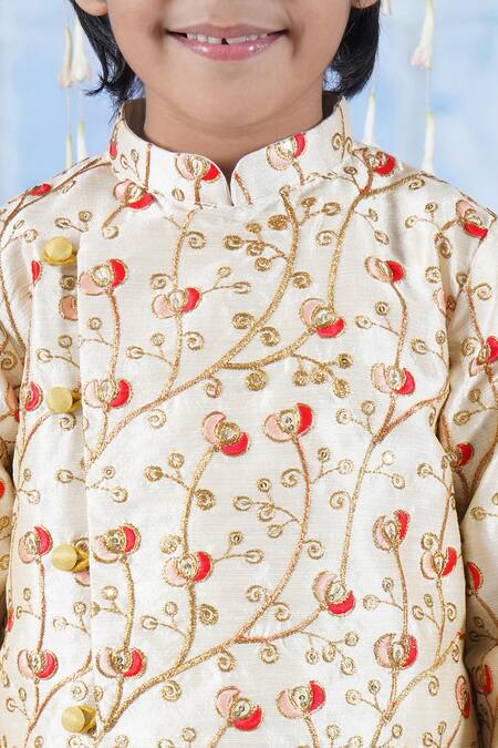 Shop_Little Bansi_Cream Silk, Cotton Tulip Thread Work Angrakha Sherwani With Dhoti Pant _Online_at_Aza_Fashions