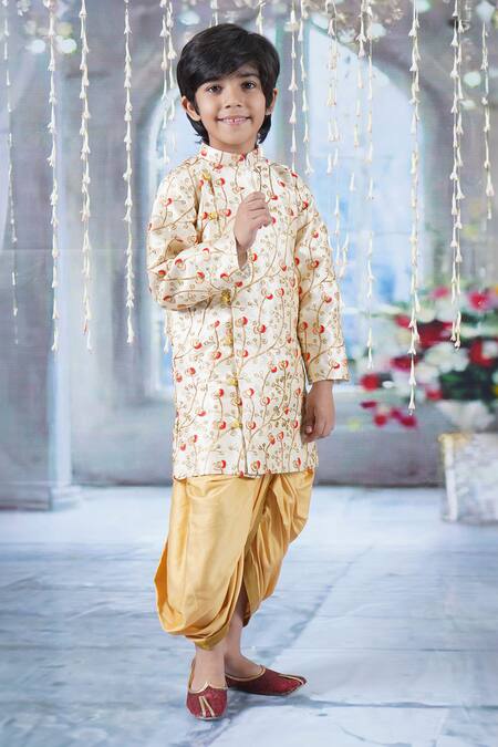 Little Bansi_Cream Silk, Cotton Tulip Thread Work Angrakha Sherwani With Dhoti Pant _at_Aza_Fashions