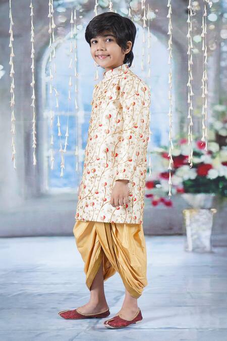 Buy_Little Bansi_Cream Silk, Cotton Tulip Thread Work Angrakha Sherwani With Dhoti Pant 