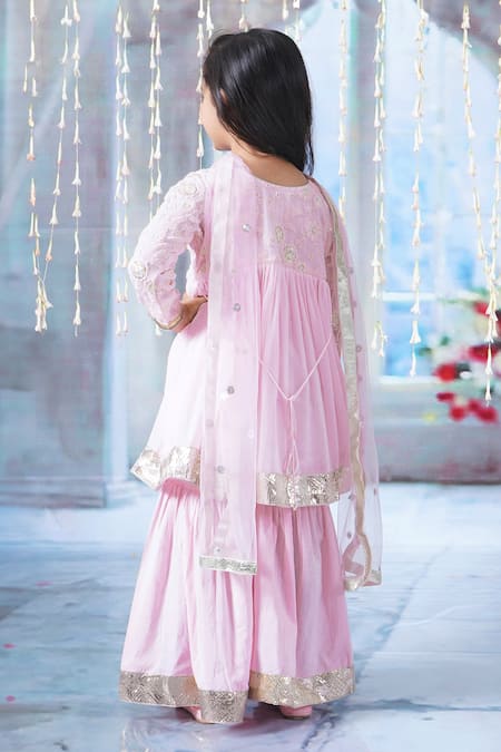 Shop Little Bansi Pink Georgette, Cotton Sequins, Embroidery Floral Kurta Sharara Set at Aza Fashions Shop_Little Bansi_Pink Georgette, Cotton Sequins, Embroidery Floral Kurta Sharara Set _at_Aza_Fashions