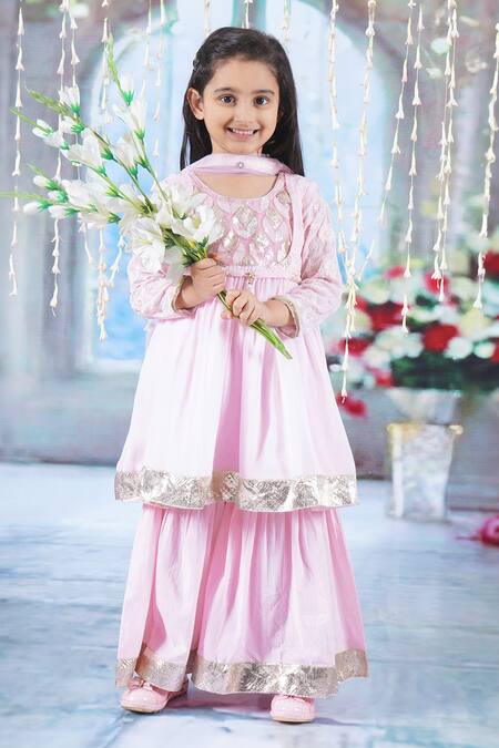 Buy Little Bansi Pink Georgette, Cotton Sequins, Embroidery Floral Kurta Sharara Set Online at Aza Fashions Buy_Little Bansi_Pink Georgette, Cotton Sequins, Embroidery Floral Kurta Sharara Set _Online_at_Aza_Fashions
