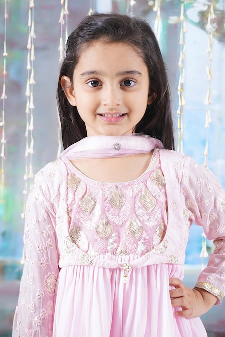 Shop_Little Bansi_Pink Georgette, Cotton Sequins, Embroidery Floral Kurta Sharara Set _Online_at_Aza_Fashions