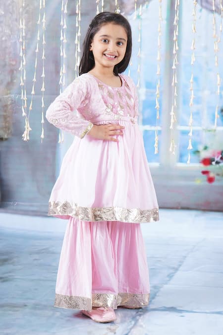 Little Bansi Pink Georgette, Cotton Sequins, Embroidery Floral Kurta Sharara Set at Aza Fashions Little Bansi_Pink Georgette, Cotton Sequins, Embroidery Floral Kurta Sharara Set _at_Aza_Fashions