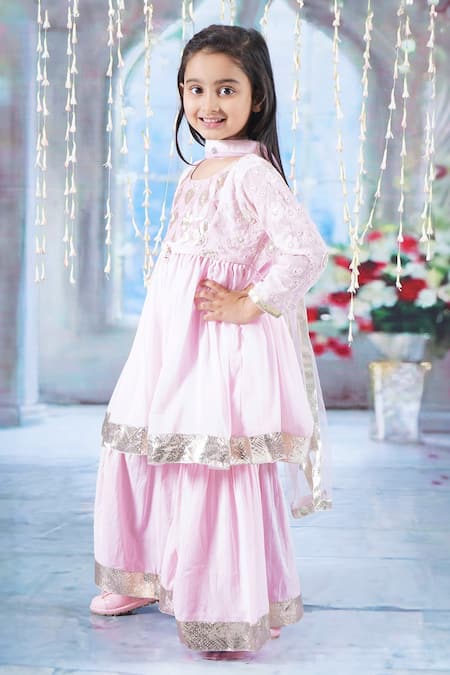 Buy Little Bansi Pink Georgette, Cotton Sequins, Embroidery Floral Kurta Sharara Set Buy_Little Bansi_Pink Georgette, Cotton Sequins, Embroidery Floral Kurta Sharara Set