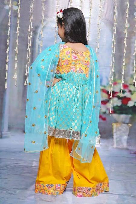 Shop Little Bansi Blue Georgette, Cotton Lace, Embroidery Floral Thread Work Kurta Sharara Set at Aza Fashions Shop_Little Bansi_Blue Georgette, Cotton Lace, Embroidery Floral Thread Work Kurta Sharara Set _at_Aza_Fashions