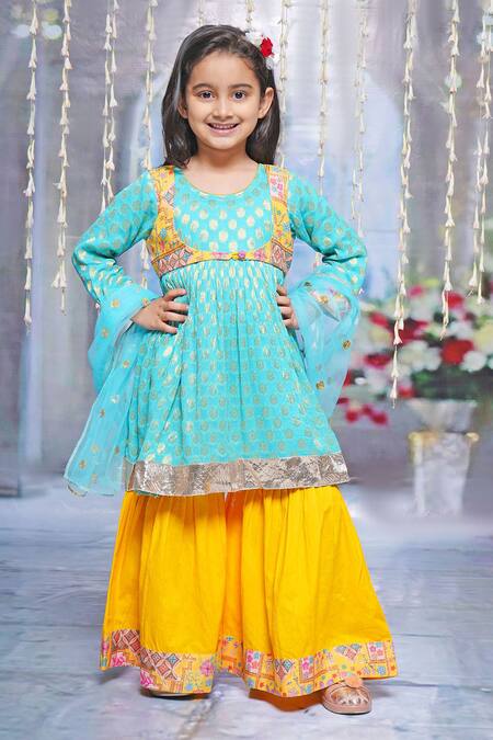 Buy Little Bansi Blue Georgette, Cotton Lace, Embroidery Floral Thread Work Kurta Sharara Set Online at Aza Fashions Buy_Little Bansi_Blue Georgette, Cotton Lace, Embroidery Floral Thread Work Kurta Sharara Set _Online_at_Aza_Fashions