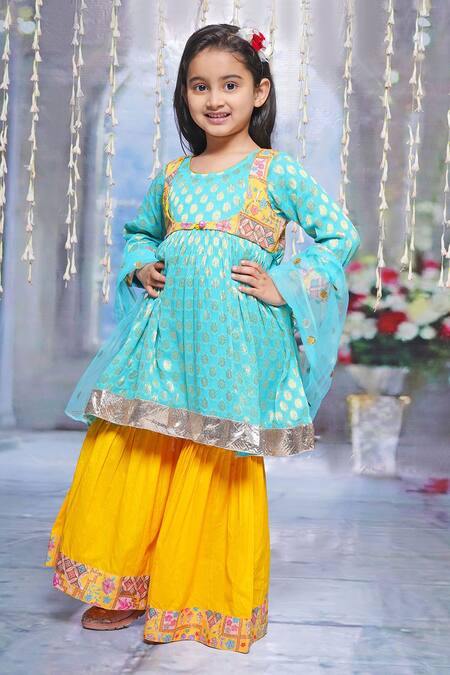 Buy Little Bansi Blue Georgette, Cotton Lace, Embroidery Floral Thread Work Kurta Sharara Set Buy_Little Bansi_Blue Georgette, Cotton Lace, Embroidery Floral Thread Work Kurta Sharara Set