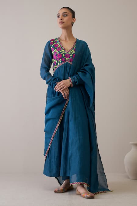 RoohbyRidhimaa Blue Anarkali And Churidar Pure Silk Chanderi Embroidered Floral V Rimjhim Set 