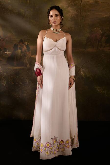 SAANJH BY LEA_White Organza, Chiffon, Aadyasha Floral Textured Anarkali With Dupatta_Online_at_Aza_Fashions