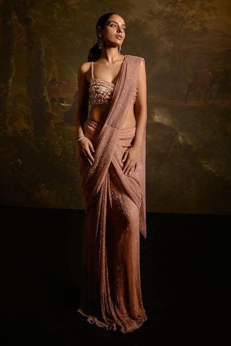 SAANJH BY LEA Aazina Textured Pre-Draped Saree With Embellished Blouse 