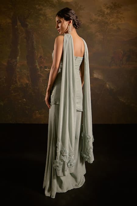 Shop SAANJH BY LEA Green Viscose, Polyester Applique, Nakhat Floral Strapless Kurta Sharara Set at Aza Fashions Shop_SAANJH BY LEA_Green Viscose, Polyester Applique, Nakhat Floral Strapless Kurta Sharara Set_at_Aza_Fashions