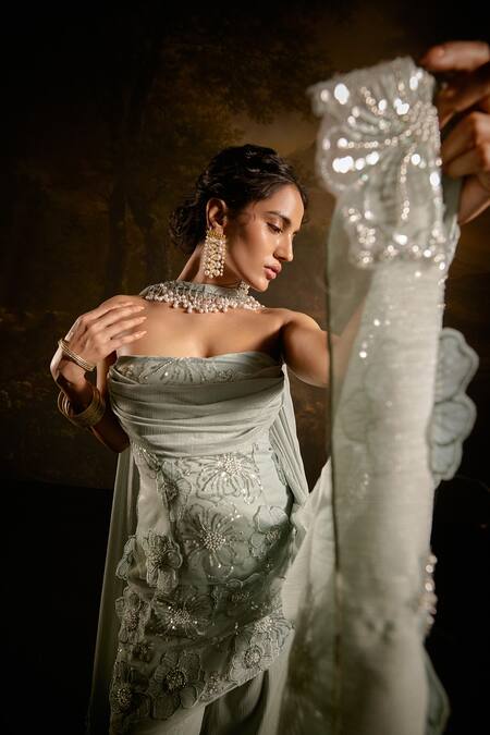 Buy SAANJH BY LEA Green Viscose, Polyester Applique, Nakhat Floral Strapless Kurta Sharara Set Online at Aza Fashions Buy_SAANJH BY LEA_Green Viscose, Polyester Applique, Nakhat Floral Strapless Kurta Sharara Set_Online_at_Aza_Fashions