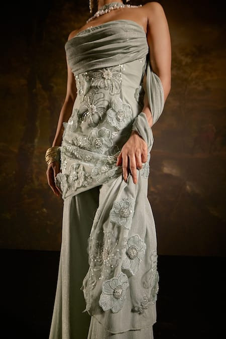 Shop SAANJH BY LEA Green Viscose, Polyester Applique, Nakhat Floral Strapless Kurta Sharara Set Online at Aza Fashions Shop_SAANJH BY LEA_Green Viscose, Polyester Applique, Nakhat Floral Strapless Kurta Sharara Set_Online_at_Aza_Fashions
