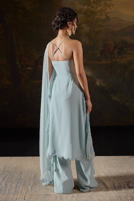 SAANJH BY LEA_Blue Georgette, Polyester Pearls, Raaya Embellished Strappy Kurta Sharara Set _Online_at_Aza_Fashions