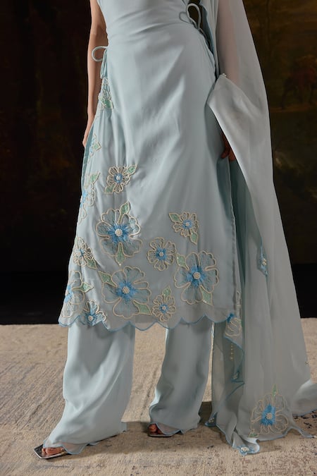 Buy_SAANJH BY LEA_Blue Georgette, Polyester Pearls, Raaya Embellished Strappy Kurta Sharara Set _Online_at_Aza_Fashions