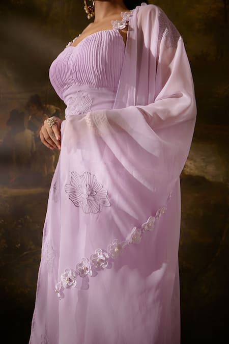 SAANJH BY LEA_Purple Georgette, Polyester Embroidery, Pearls, Sadida Floral Kurta Pant Set _Online_at_Aza_Fashions