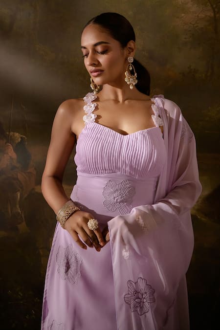 Buy_SAANJH BY LEA_Purple Georgette, Polyester Embroidery, Pearls, Sadida Floral Kurta Pant Set _Online_at_Aza_Fashions