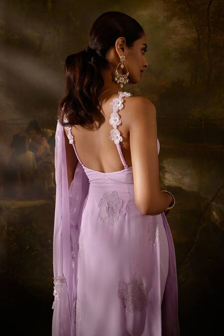 Shop_SAANJH BY LEA_Purple Georgette, Polyester Embroidery, Pearls, Sadida Floral Kurta Pant Set _Online_at_Aza_Fashions