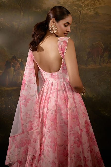 Shop SAANJH BY LEA Pink Georgette Embroidery, Lace Tanvee Floral Print Corset Anarkali Pant Set at Aza Fashions Shop_SAANJH BY LEA_Pink Georgette Embroidery, Lace Tanvee Floral Print Corset Anarkali Pant Set _at_Aza_Fashions